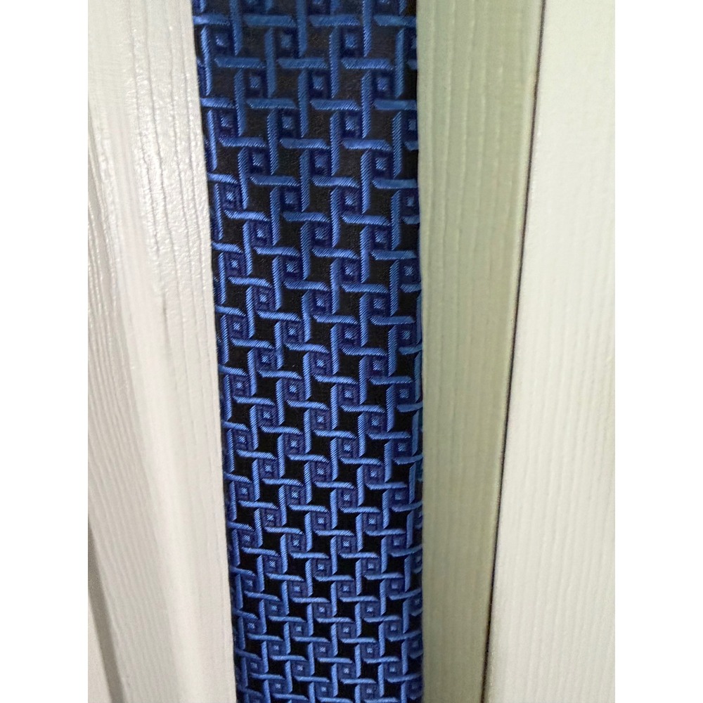 WeiShang Mens Blue Black Geometric Basketweave 100% Silk Hand Made Necktie